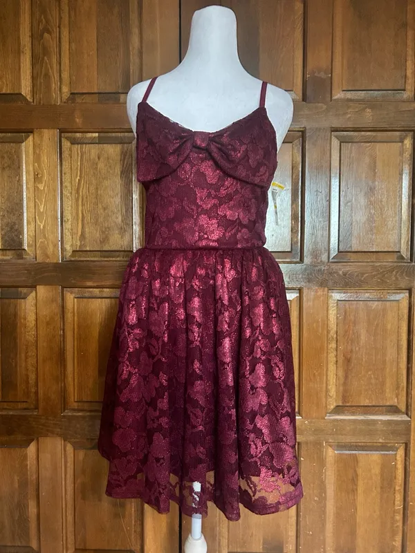 NWT American Rag Dress Medium Burgundy Sparkle Bow Lace Y2K Mini Party‎ Cocktail - Image 2