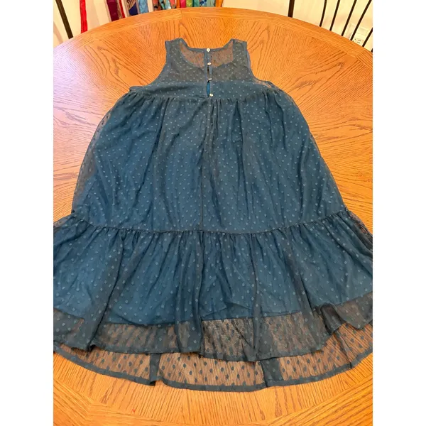 Miami Swiss Dot Mesh Babydoll Dress Womens Medium Teal Tiered Sleeveless Boho - Image 3