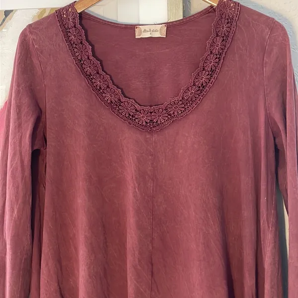Altar'd State Burgundy Lace Crochet Trim Tunic Swing Top Fall Dark Goth - Image 2