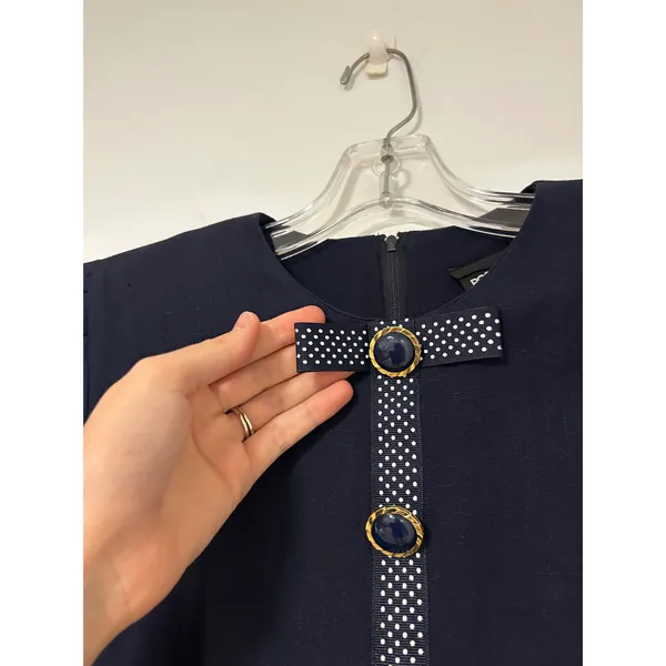 Positive Attitude Petite Vintage Navy Blue Polka Dot Bow Sheath Dress Sz 5/6 - Image 9