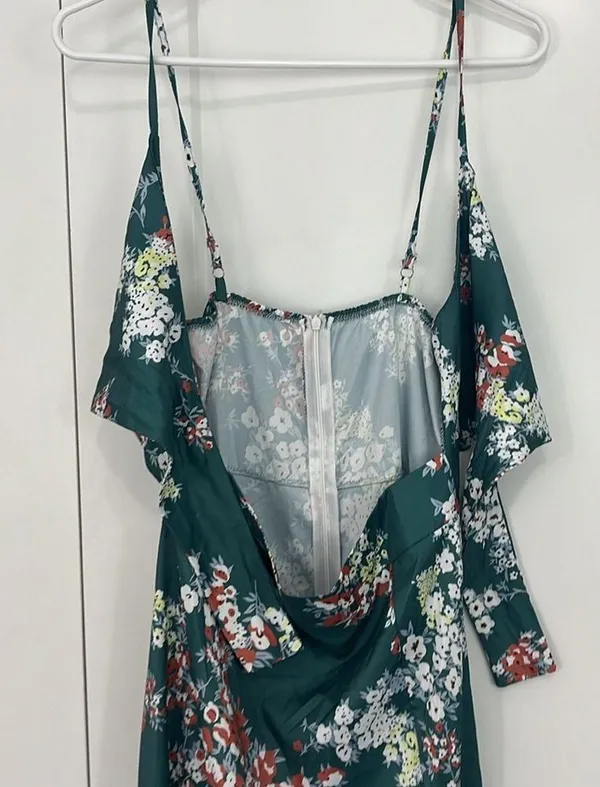 Medium Green, White Floral Tie Front Faux Wrap Midi Dress - Image 11