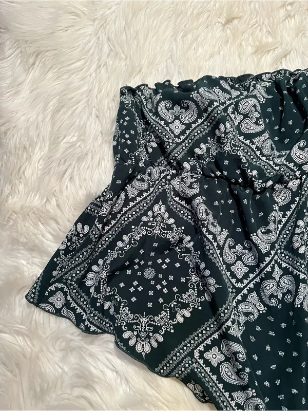 Women's Paisley Print Tube Top Handkerchief Dark Green White Stretch Elastic - Image 2