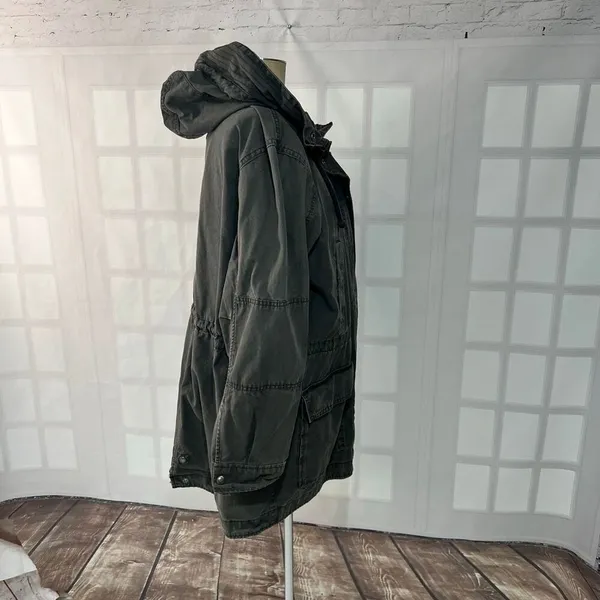 Gap Grey Winter Warmth Full Zip Snap Mid Length Cotton Hooded Jacket Size XL - Image 4