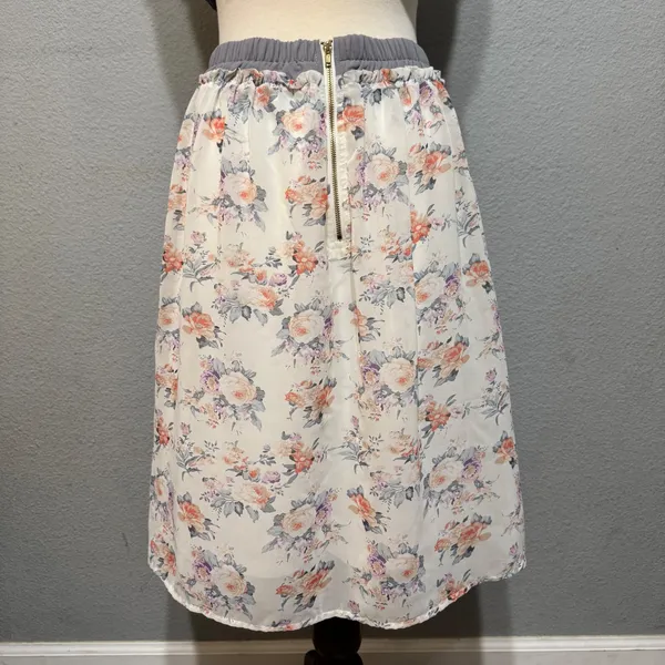MIKAROSE Women Floral Chiffon Midi Skirt Gray‎ Waistband Ruffle Hem Size M - Image 8