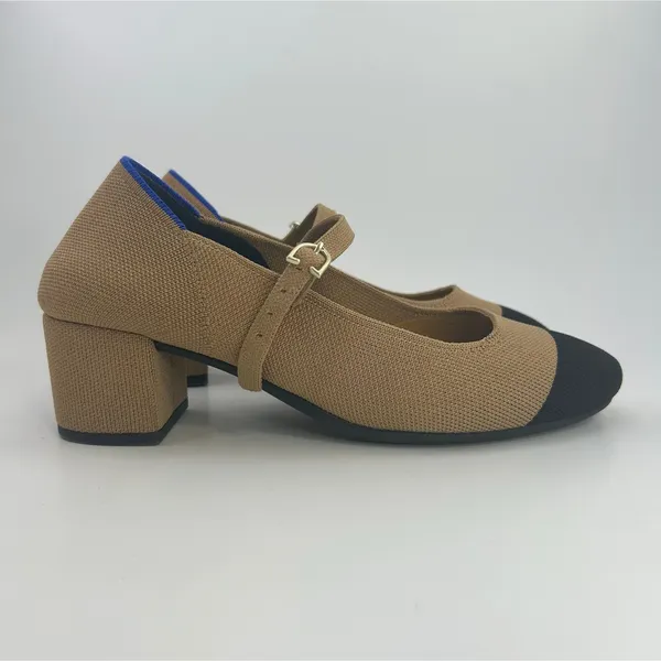Rothy's The Mary Jane Camel Black Cap Toe Block Heel Knit‎ Shoes Women's 8.5 - Image 3