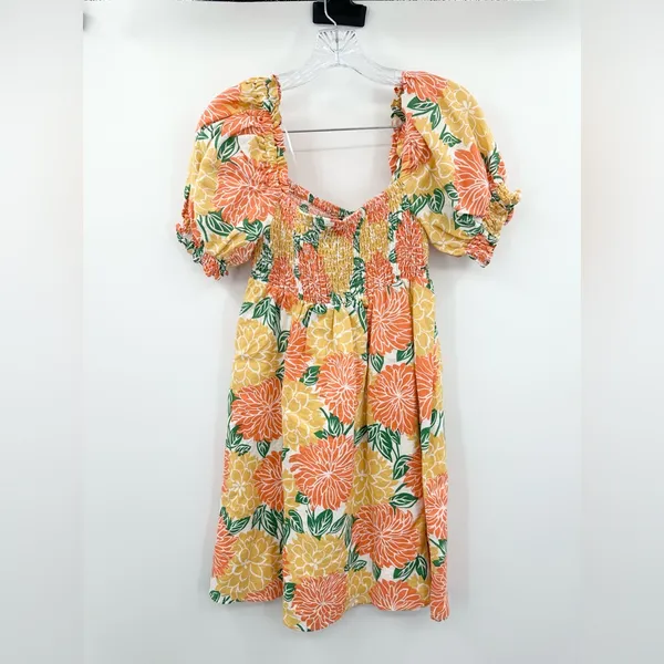 House of Harlow‎ 1960 Smocked Linen Dress Orange Flower Print Mini Size XS - Image 3