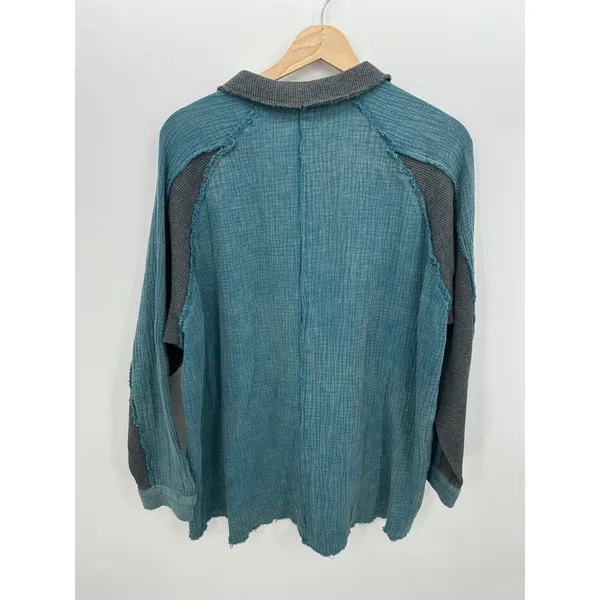 Sewn + Seen Whiskey Shacket Teal Blue‎ Cotton Gauze Mixed Media Waffle Knit Sz M - Image 2