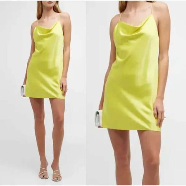 Alice + Olivia Neon Yellow Satin Cowl Neck‎ Slip Mini Dress Size 6 - Image 2