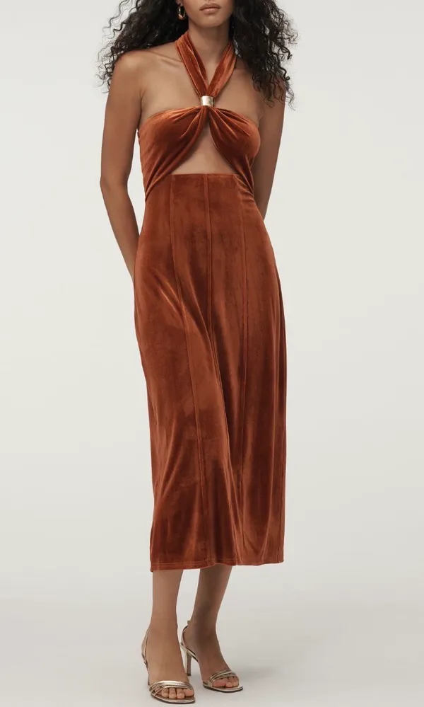 Anthropologie Flat White Velvet Halter Cutout Midi Dress, Size XL - Image 3