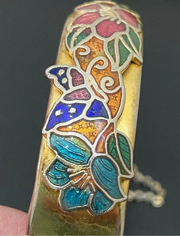 Vintage Unsigned Gold-tone Floral Flower Cloisonne Hinged Bangle Bracelet 36.2g - Image 13