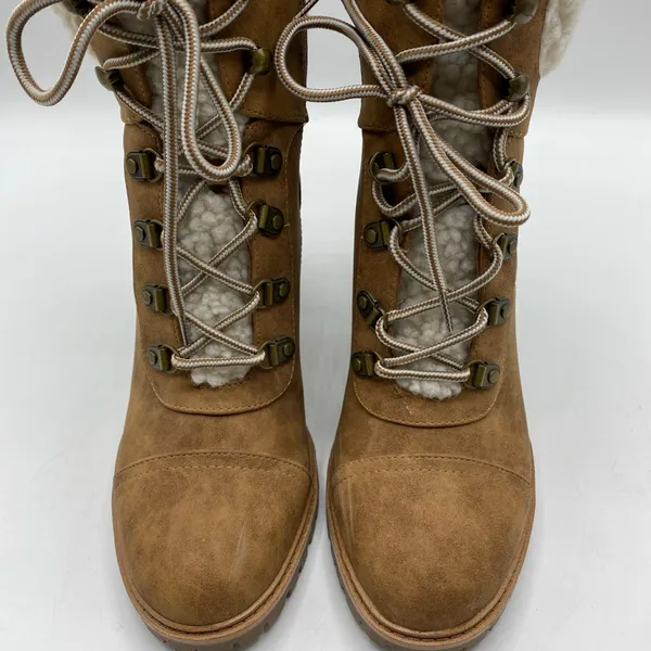 Chunky Heel Lace Up Faux Fur Lined Leather Boots 8.5 Nine West Brown Tan - Image 2