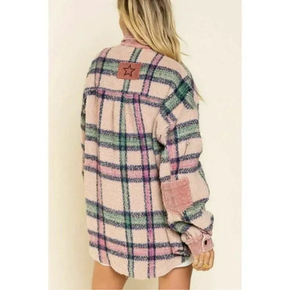 POL Pink Plaid Shacket Corduroy Elbow Patch Oversized‎ Fit Sz Small STYLE SMJ199 - Image 2