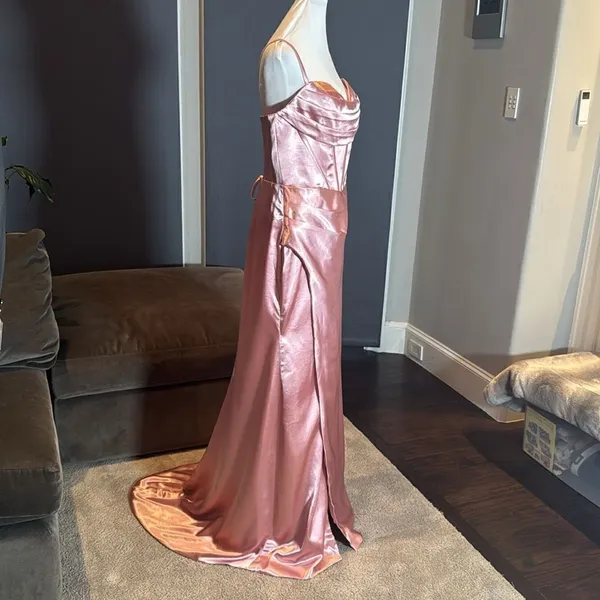 Pink Full Length Prom Party Dress Criss Cross Back Straps Leg Slit Size 14 NEW - Image 4