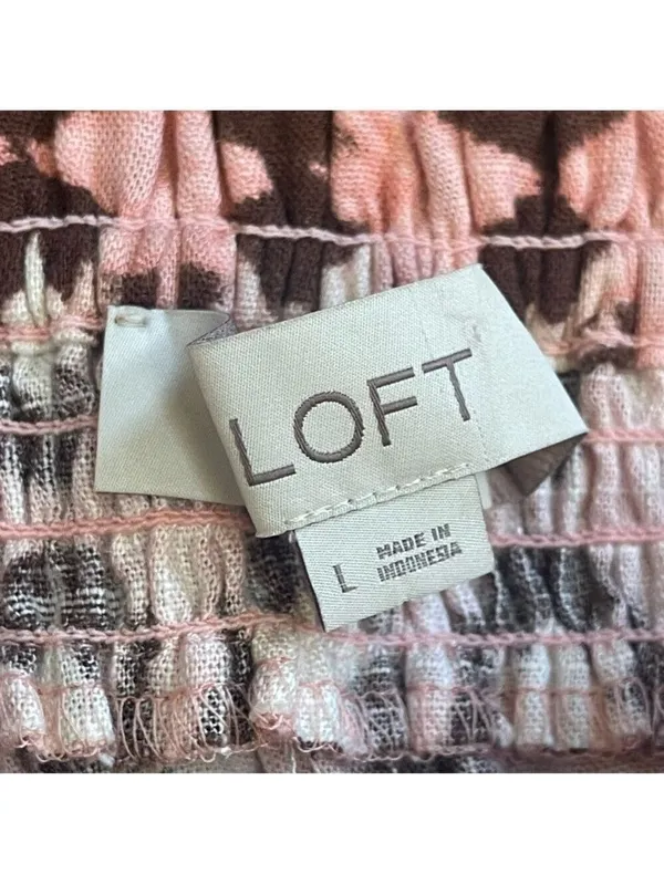 LOFT Geometric Print Linen blend Smocked Swing Tank Top Pink White Brown Size L - Image 8
