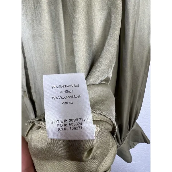 Hale Bob Satin Button Front Top Small Silk Blend Olive Puff Sleeves - Image 6