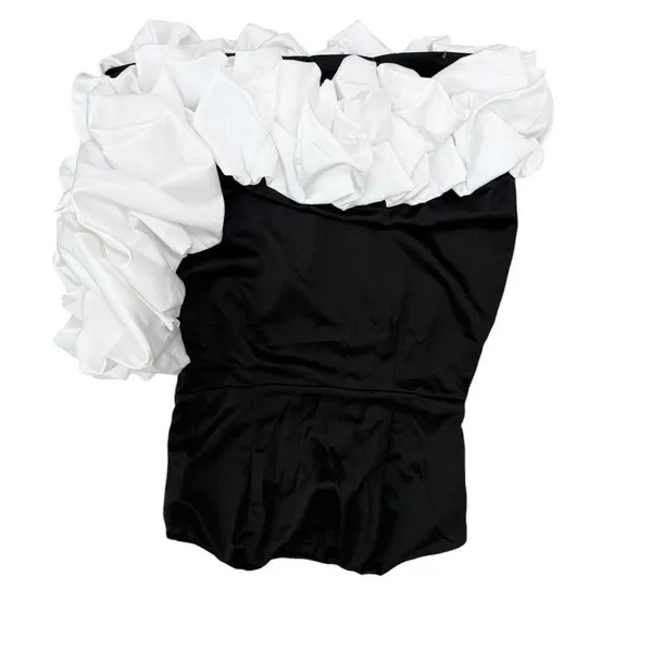 Lulus Evangela Black and White Satin Bubble-Hem Mini Dress size Large - Image 3