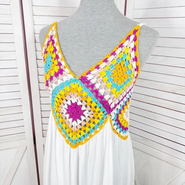 Raviya Crochet Bodice Top‎ Tiered Boho Midi Dress Cover Up White Multi Medium - Image 6