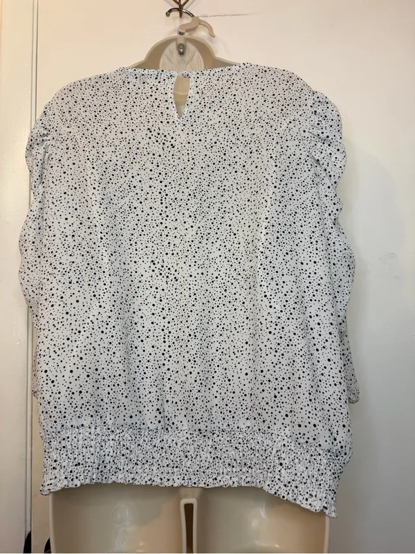 Adrianna Papell Polkadots Print Smocked 3/4 Sleeve Blouse White Black M - Image 7