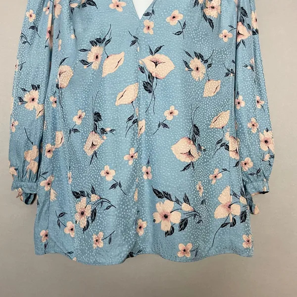 Rebecca Taylor Daniella Floral Blouse Dot Pattern Blue V-Neck Top Tie Cuff Women - Image 7