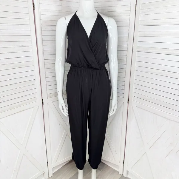 SHEIN Surplice Halter Top‎ Jogger Leg Jumpsuit Black Small - Image 2