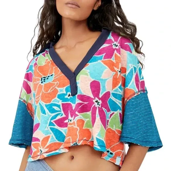 NWOT Free People Floral Striped Collared On A Boat Boxy Crop Polo Shirt - Image 2