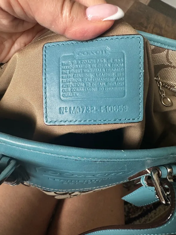 Coach Vintage Y2K Hadley Lunch Bag Beige Signature Canvas Tote Blue Leather Trim - Image 10