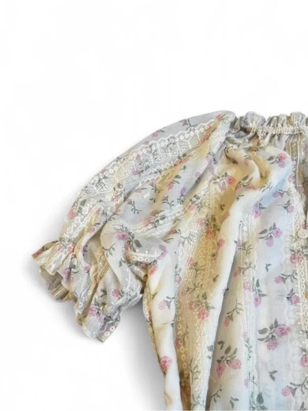 Cream Pink Floral Embroidered Puff Sleeve Blouse Cottagecore Feminine Victorian - Image 4