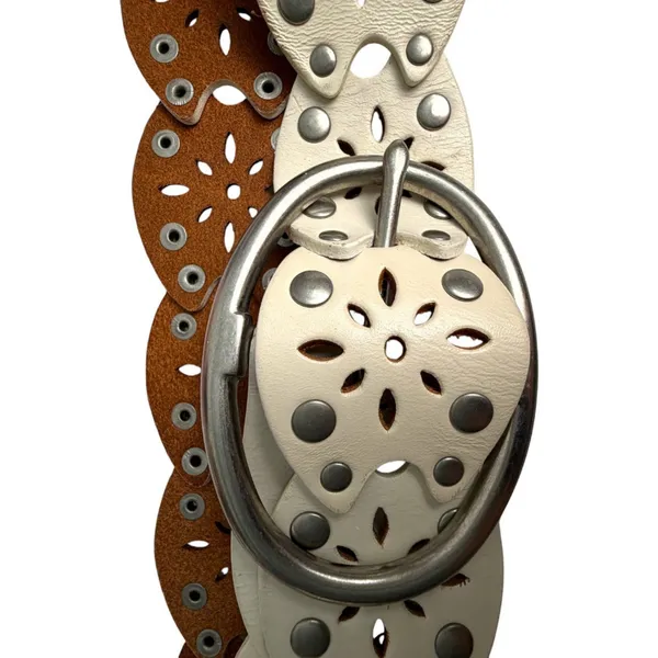 Cream Leather Silver Studs Cutout Bohemian Large Silver Buckle Belt One Size - Image 2