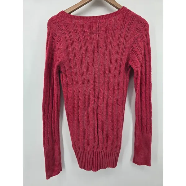 American Eagle Sweater Womens L Cable Knit V-Neck Pink Eagle Logo NEW - Image 4