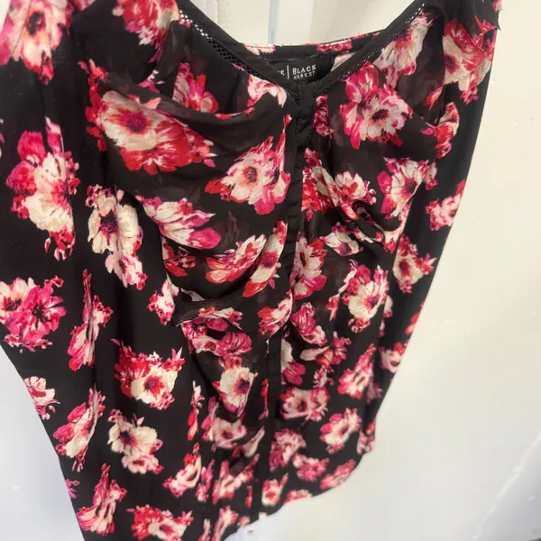 White House Black Market Floral Ruched V-Neck Tank Top Black Pink Size Large - Image 4
