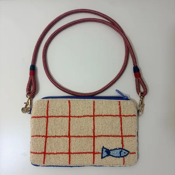 Ink+Alloy Beaded Sardine Tinned Fish Crossbody Bag Blue Red Rope Strap Pouch - Image 2