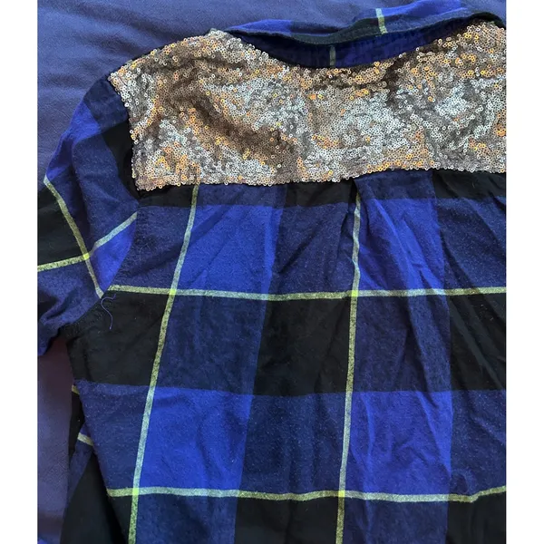 Arizona Jean Co Blue Black Plaid Sequin Back Button Down Flannel Shirt Large - Image 13