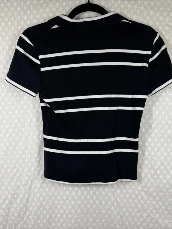 J. Crew Black White Striped Cotton Polo Top - Image 7