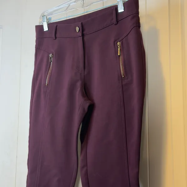 Esilla Women Plum Burgundy Crop Slim Fit Stretch Trousers Gold Zip‎ Pockets Sz 6 - Image 4