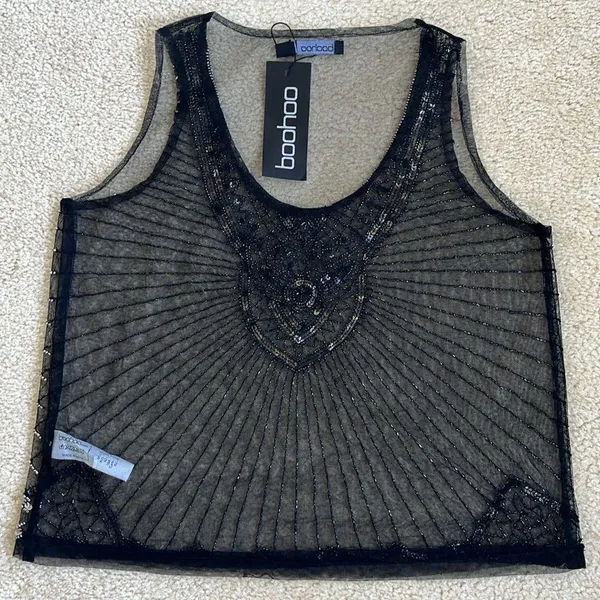 NWT Boohoo Claudia Embellished Beaded Woven Tank Top in Black Women's Size 12 - Image 3