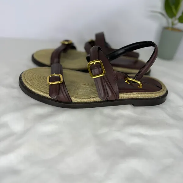 Zara Burgundy Leather Jute‎ Buckle Strappy Flat Sandals Shoes Womens 39 8.5 - Image 5