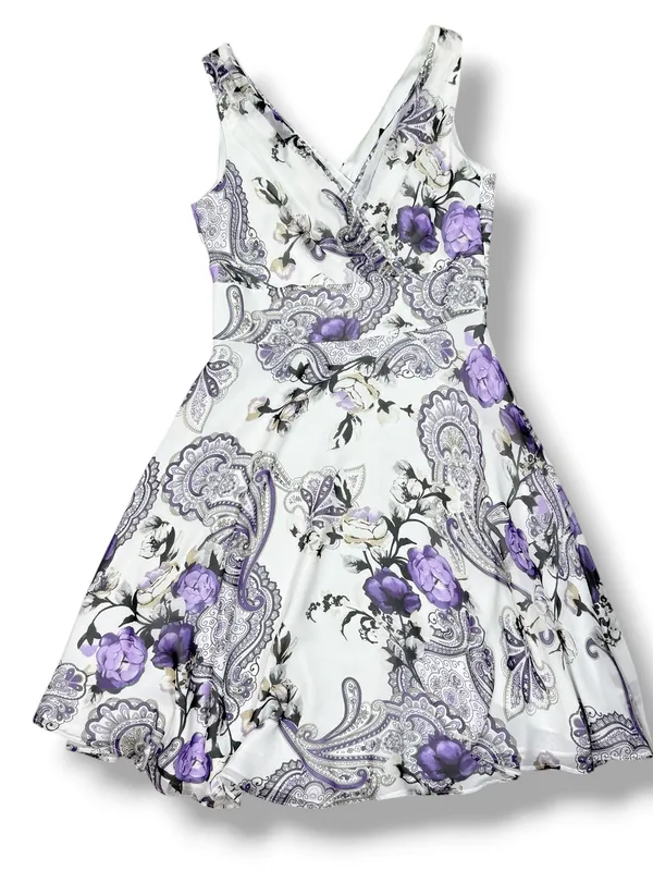 WHBM Floral Paisley Chiffon Fit Flare Sleeveless Dress White Purple Size 6 Fairy - Image 13