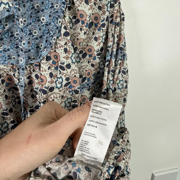 Othilia Anthro Laura Blue Floral Long Sleeve Peasant Blouse Boho Cottage Women M - Image 7