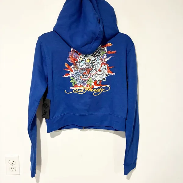 Ed Hardy‎ Blue Tiger Lotus Cropped Hoodie Blue Long Sleeve Full Zip Size XL NEW - Image 4