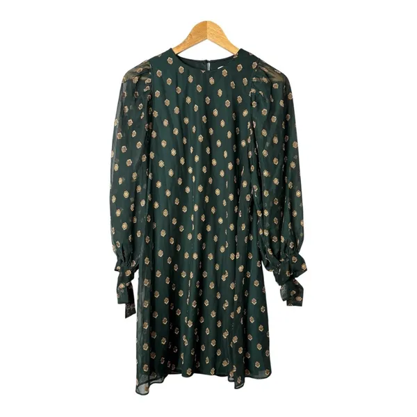 Calvin Klein Shift Dress Women 4 Green Gold Metallic Dot Long‎ Sleeve Tie Cuff - Image 3
