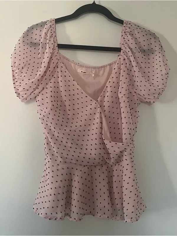 Pink Black Polka Dot Coquette Blouse Small Puff Sleeve Peplum Top Romantic - Image 2