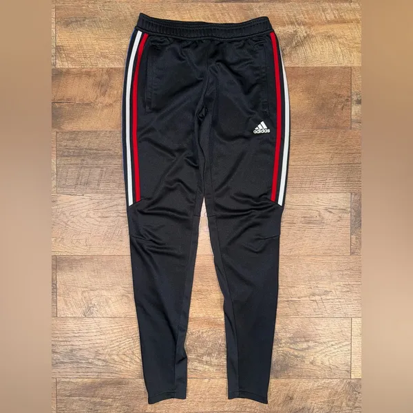 Adidas Black Track Pants with Red, White, and Blue Accents and Pockets - Image 10