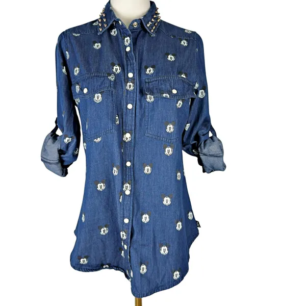 RARE Disney x Kook n Keech Denim Mickey Studded Snap Button Shirt *FLAW* - Image 5