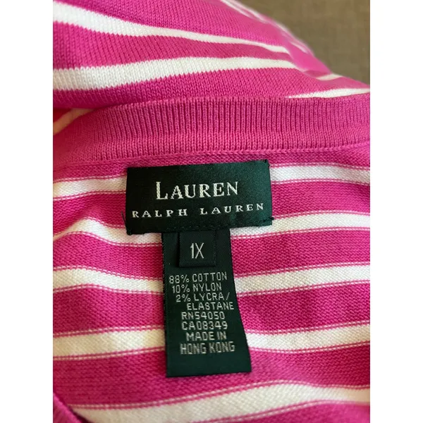 Lauren‎ Ralph Lauren Sweater Womens 1X Pink Striped V-Neck 3/4 Sleeve Preppy - Image 2