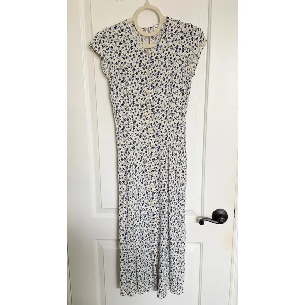 Reformation Fauna Floral Midi Dress Button Front Cap Sleeve‎ Cream Blue Size 0 - Image 2