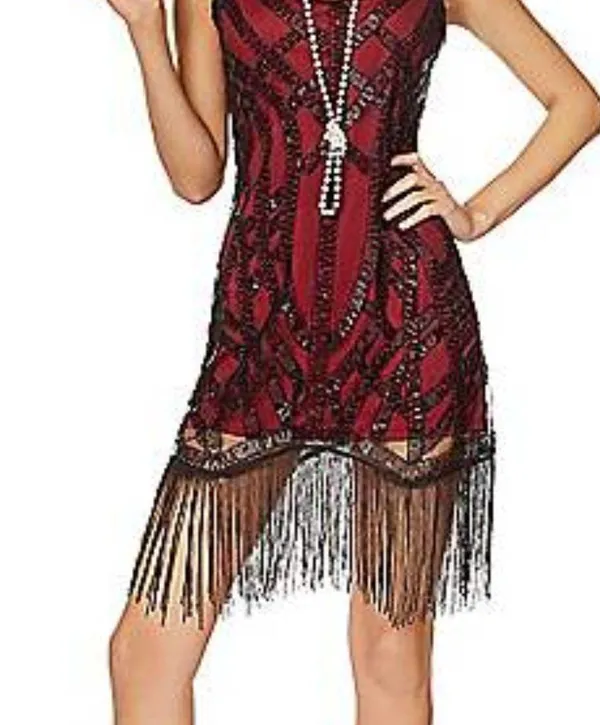 Spirit S/M Halloween Costume Fringe Red Black Flapper Dress w Beaded Frunge - Image 7