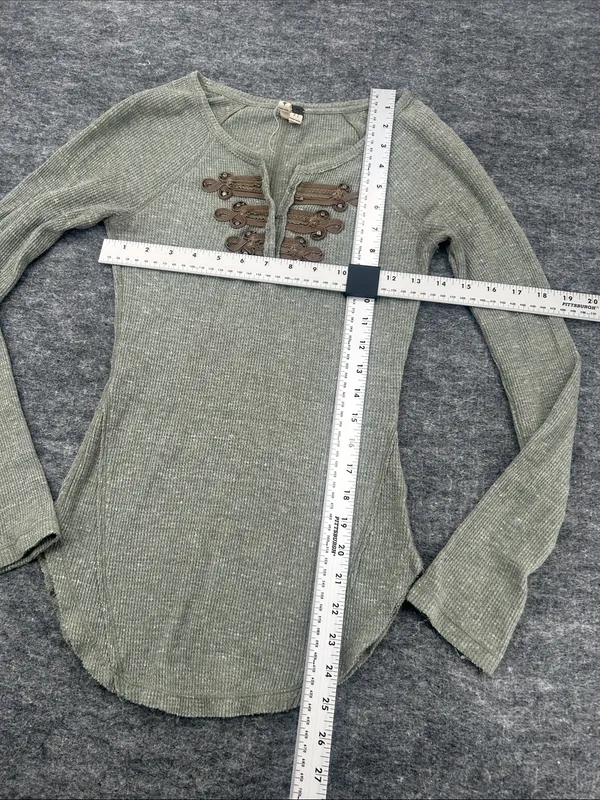 We The Free Free People Thermal Henley Top Olive Green Waffle Knit XS Boho - Image 3