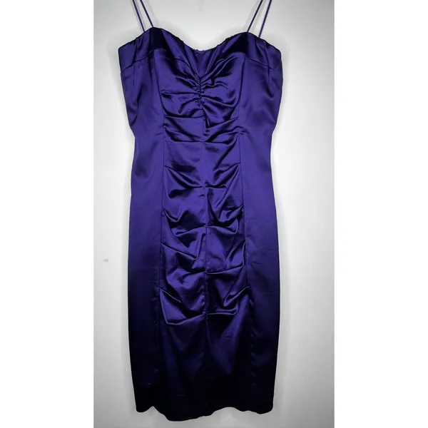 Vintage 1990s Cache Purple Satin Ruched Strapless Mini Dress XS - Image 6