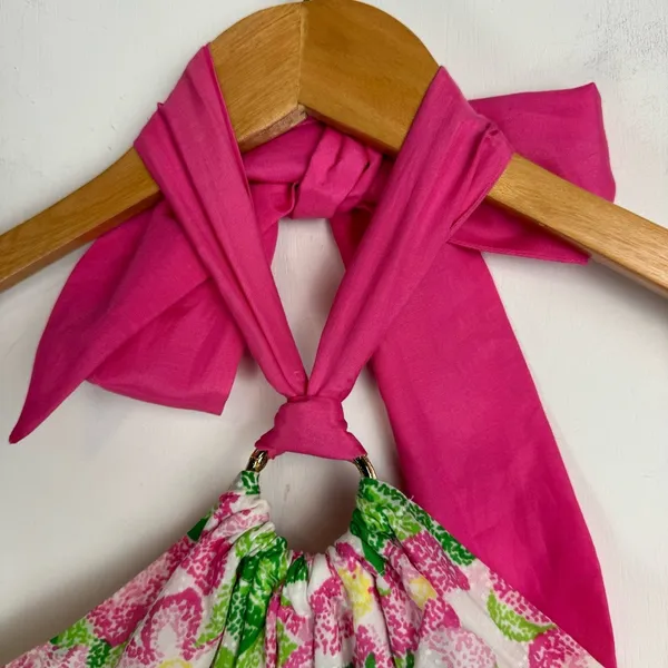 Lilly Pulitzer Floral Midi Dress Sz 2 Cotton Silk Blend Halter Neck Bow Tie Back - Image 4