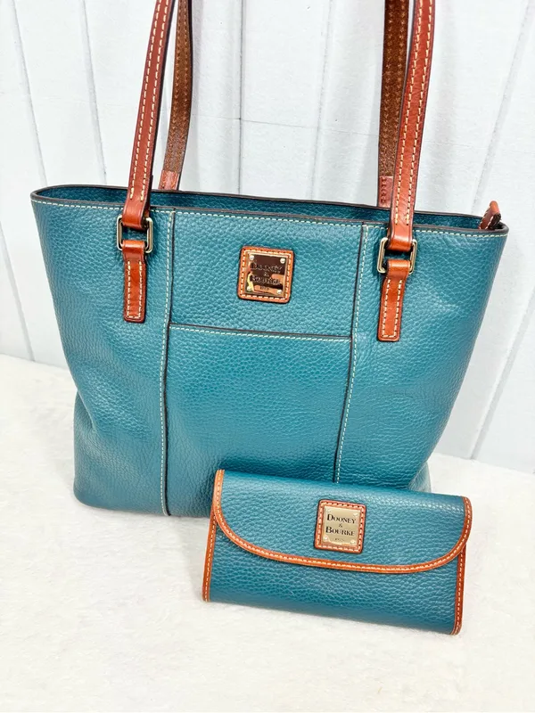 Dooney & Bourke Teal Brown Pebble Leather Tote & Matching Wallet Set - Image 2